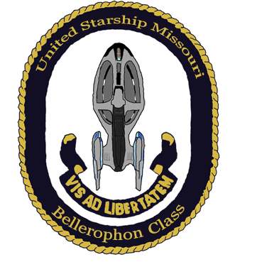 Ship's patch with motto - the text on the top reads United Starship Missouri, the text on the bottom reads Bellerophon Class, and the text in the banner on the patch reads Vis Ad Libertatem, which is Latin for Strength for Freedom